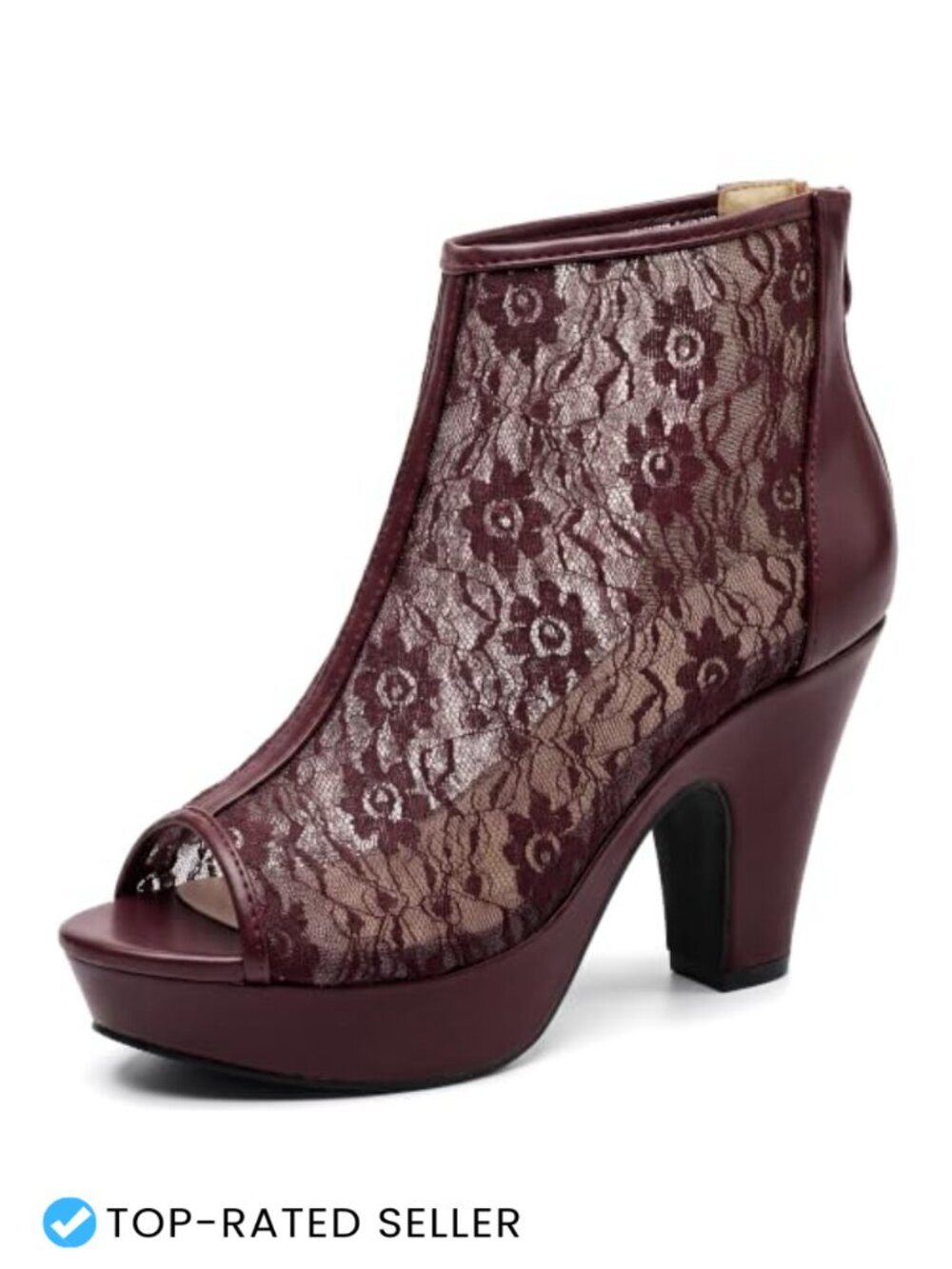 Faux Leather Lace Peep Toe Booties Platform Chunky Heel Ankle Boots